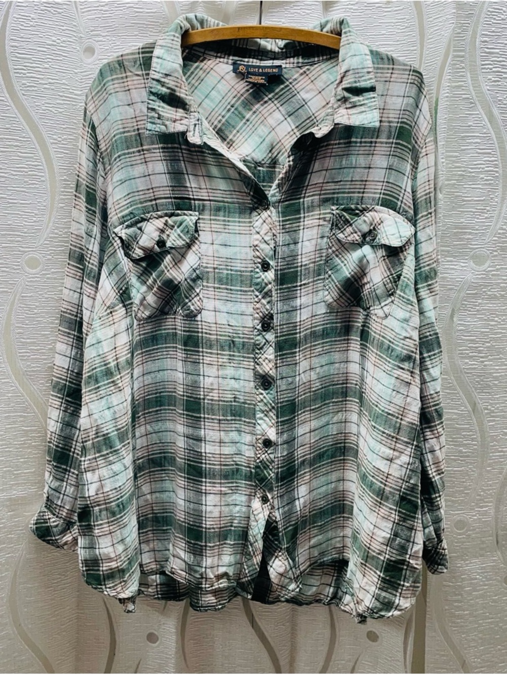 Love & Legend Plaid Button Down Women 24 Green Long‎ Sleeve Flannel Style